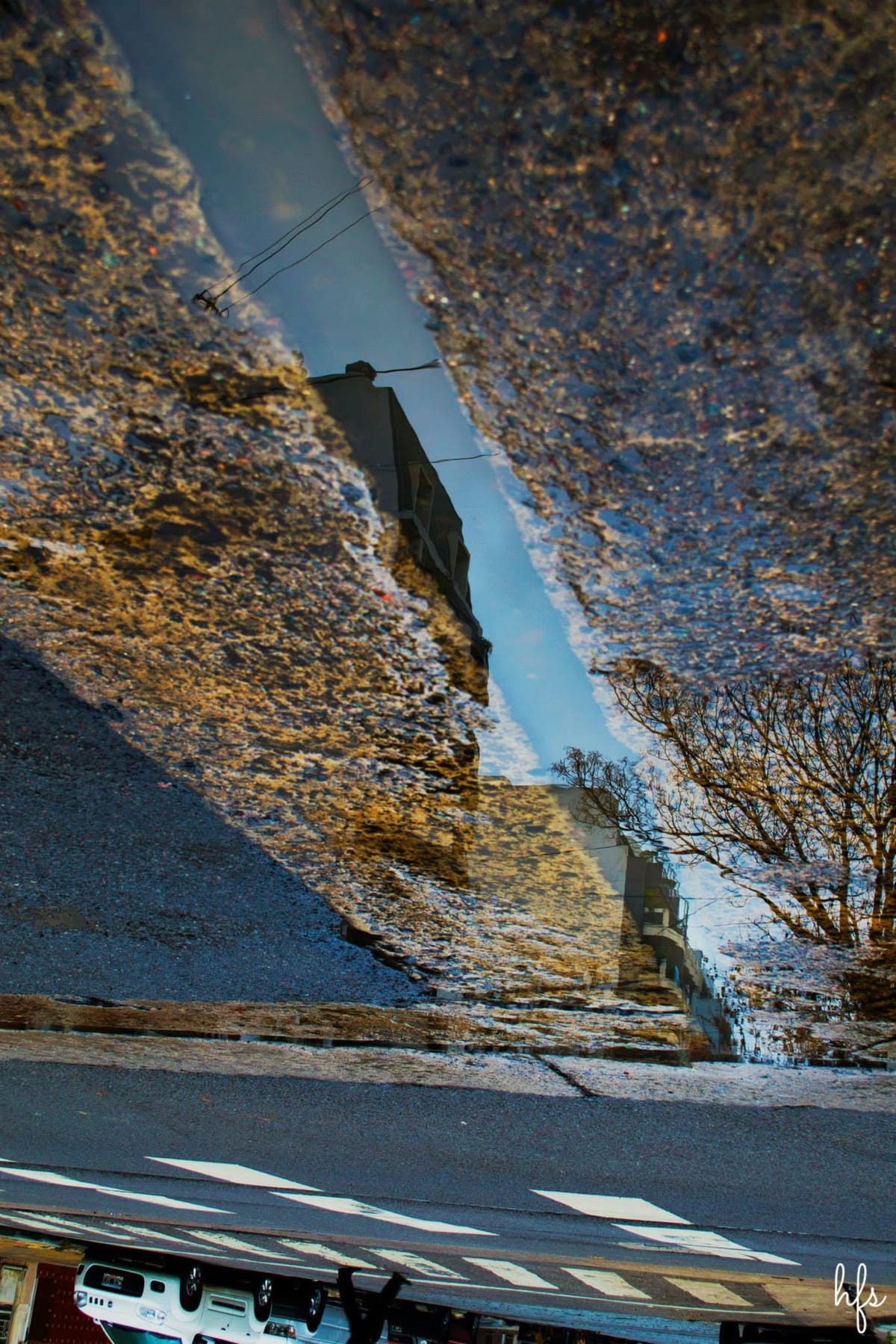 Charco que refleja, invertida, una fachada de ladrillo y balcones bañada en luz dorada de atardecer, con un árbol seco y un farol a un costado, franja de asfalto seco en primer plano y una…