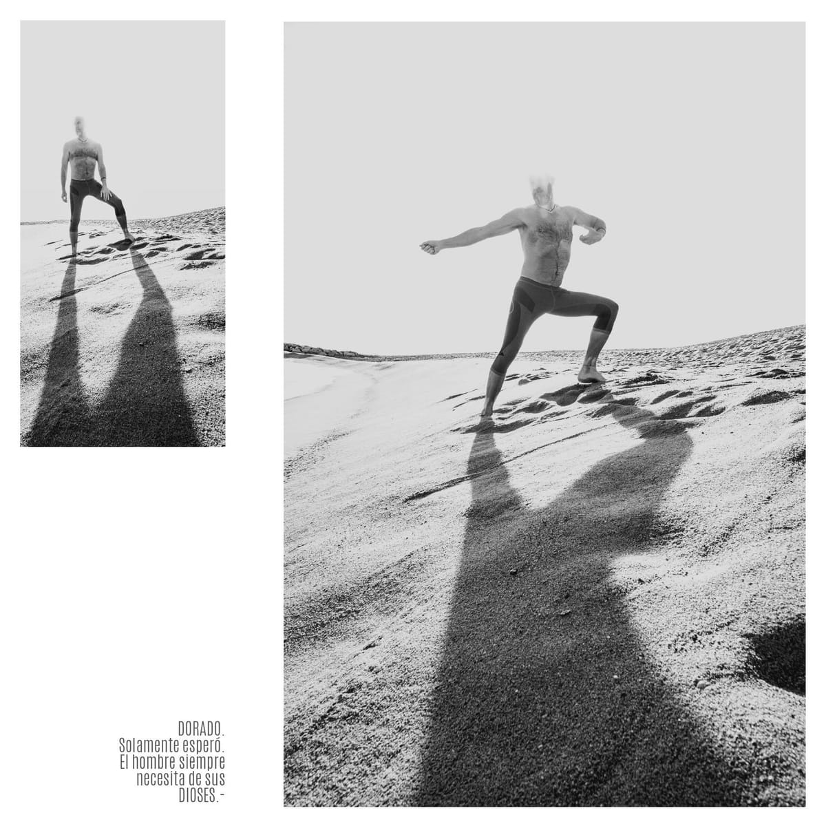 Doble página en blanco y negro que muestra al mismo hombre de pie sobre una duna de arena, en una pose de artes marciales o danza con un brazo extendido, proyectando una larga sombra.