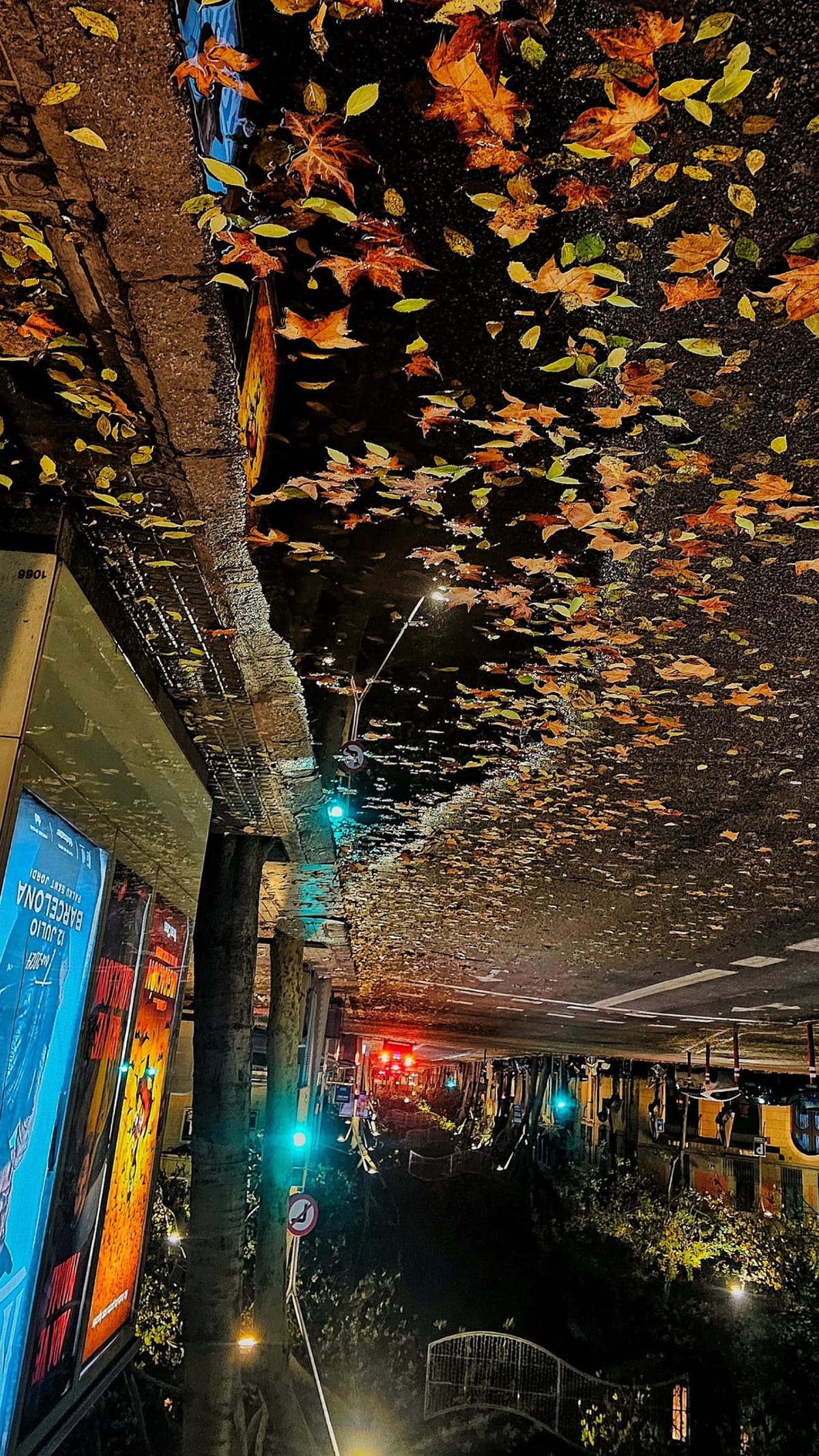 Plano nocturno fijo y prácticamente idéntico en los cuatro fotogramas: una acera mojada bajo un paso elevado o puente cubierta de hojas de otoño doradas y anaranjadas, con luces de semáforo…