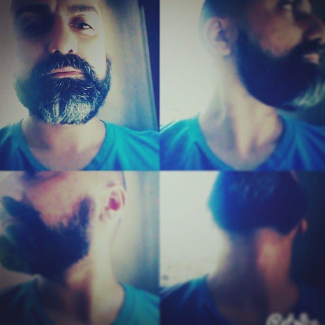 Collage de cuatro autorretratos casi idénticos de un hombre con barba oscura y canosa, remera turquesa, tomados desde distintos ángulos cercanos al rostro y el cuello.