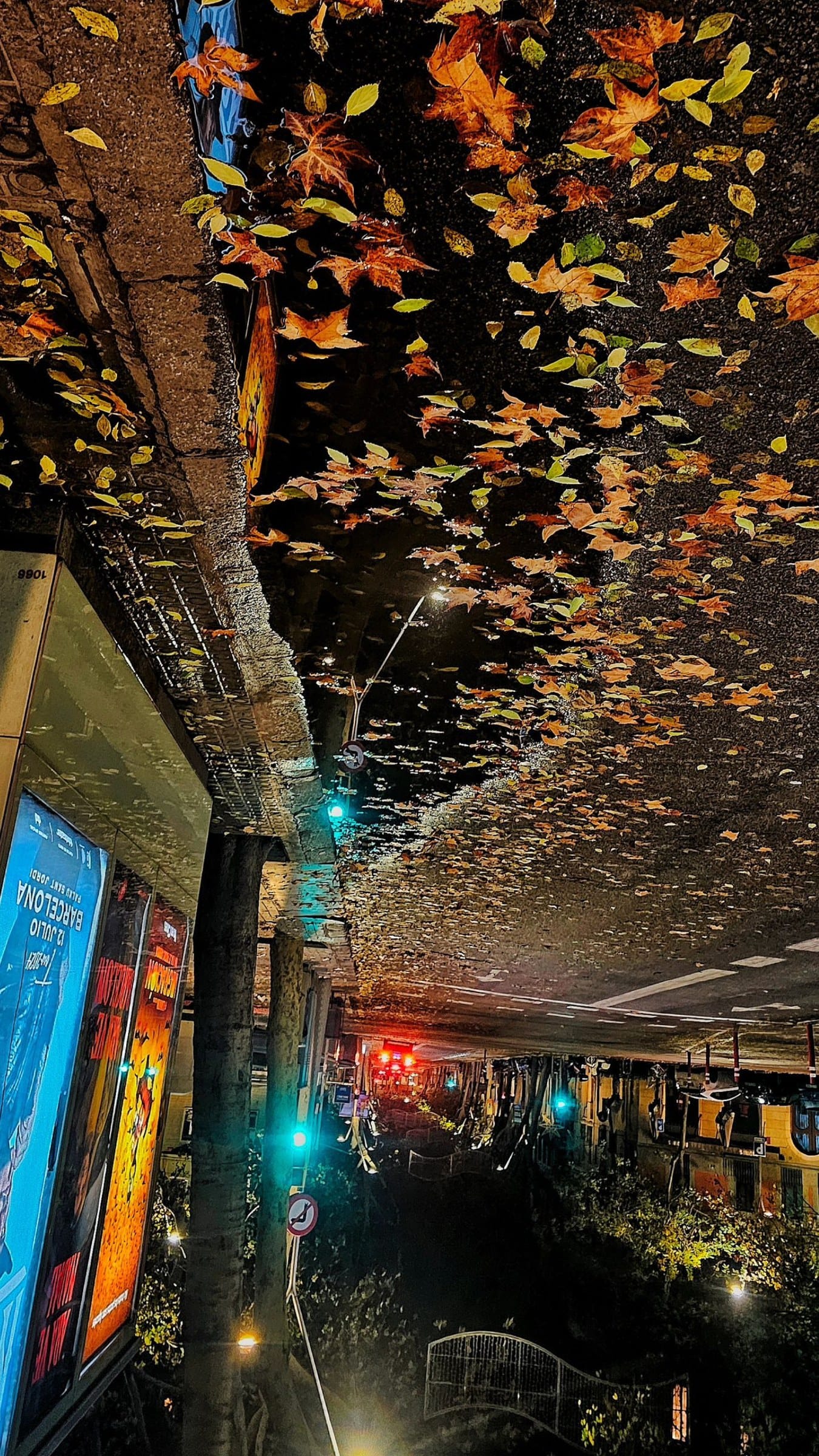 Plano nocturno fijo y prácticamente idéntico en los cuatro fotogramas: una acera mojada bajo un paso elevado o puente cubierta de hojas de otoño doradas y anaranjadas, con luces de semáforo…