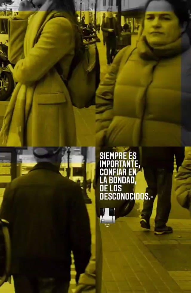 Collage fijo de cuatro fotografías en mosaico con el mismo viraje amarillo y gris: una mujer con abrigo y bufanda de espaldas, una mujer con chaqueta acolchada mirando a cámara, un hombre…